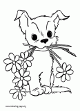 Cute puppy with flowers coloring page