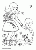 Kids picking flowers for Mother coloring page