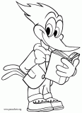 Woody Woodpecker studying coloring page
