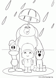 Pocoyo and his friends in the rain coloring page