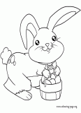 A cute Easter bunny carrying a basket of eggs coloring page