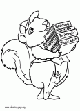 Happy squirrel with many books coloring page