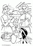 Family gathered to the Thanksgiving Day coloring page