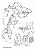 Ariel, Sebastian and Flounder having fun coloring page