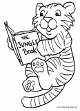 A cute baby tiger reading a book coloring page