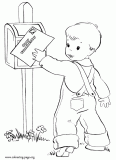 Little boy sending a letter coloring page