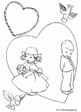 A boy and a girl in a large heart coloring page