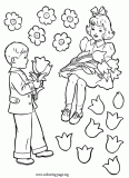 Kids with flowers to the Valentine's Day coloring page