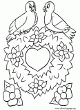 Two birds sitting on a heart of flowers coloring page
