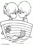 A couple of kids in a boat coloring page