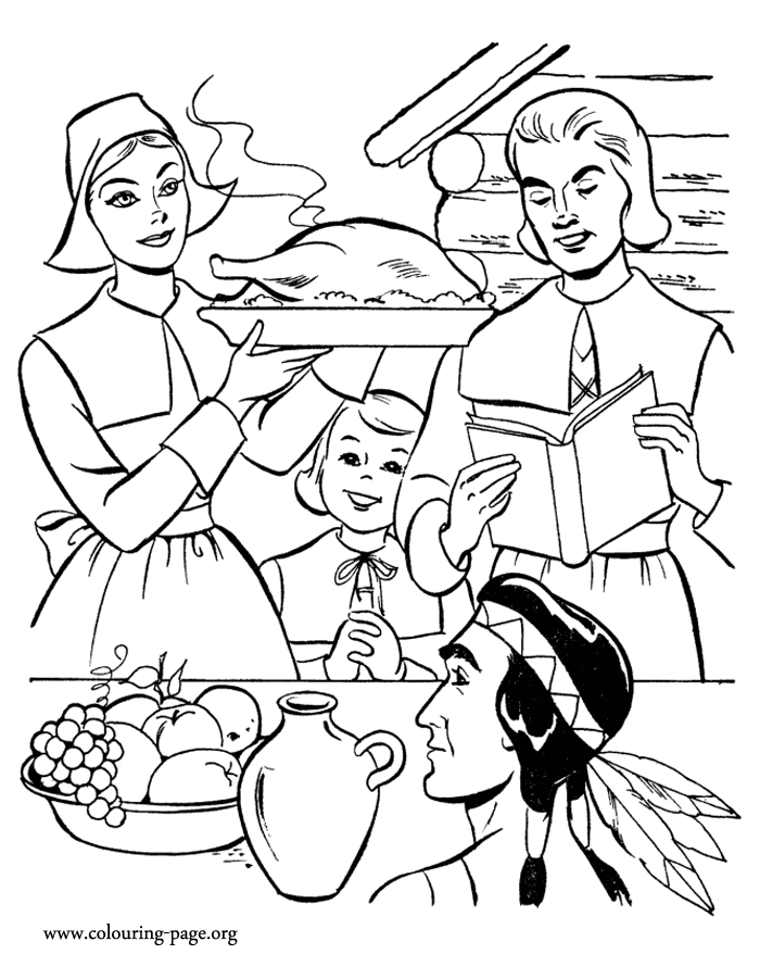 Family gathered to the Thanksgiving Day coloring page