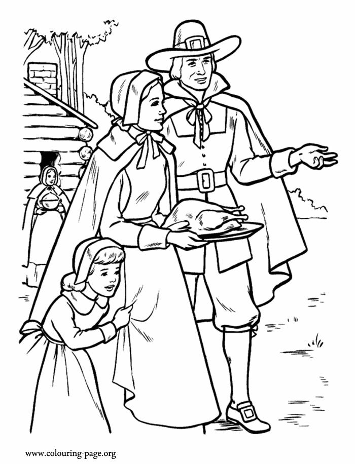 Family celebrating Thanksgiving Day coloring page