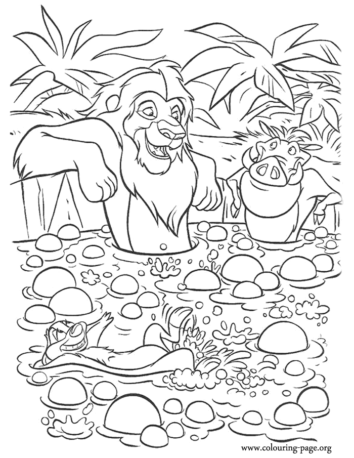 Simba, Timon and Pumbaa enjoying a mud bath coloring page