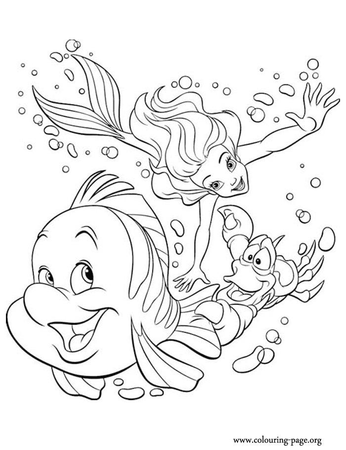 Princess Ariel, Sebastian and Flounder coloring page