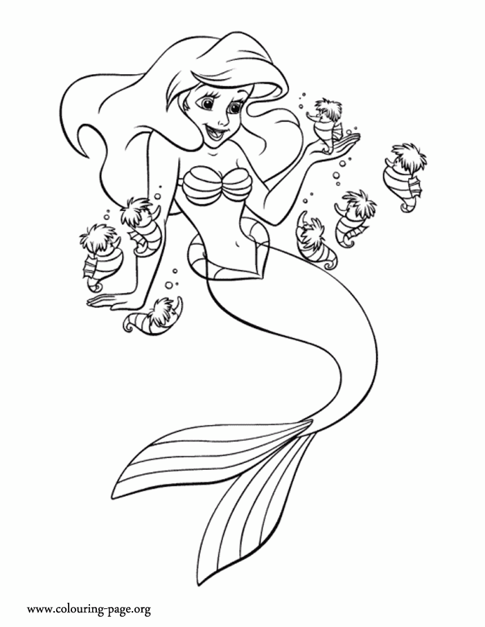 Ariel surrounded by little seahorses coloring page