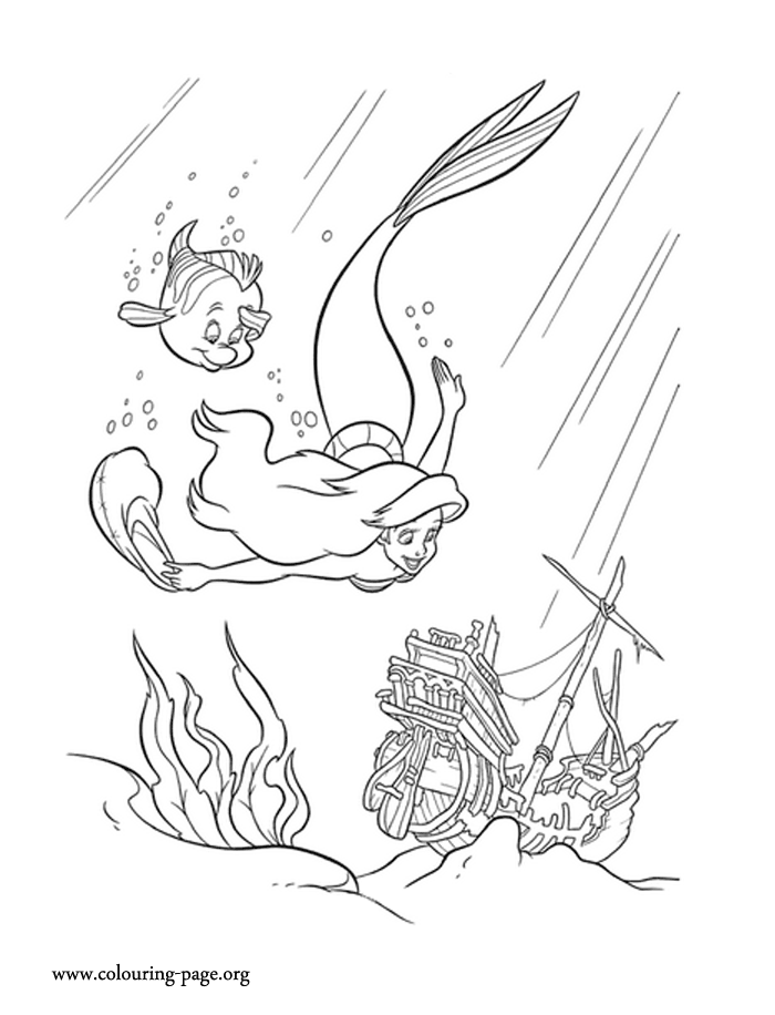 Ariel and Flounder exploring the seabed coloring page
