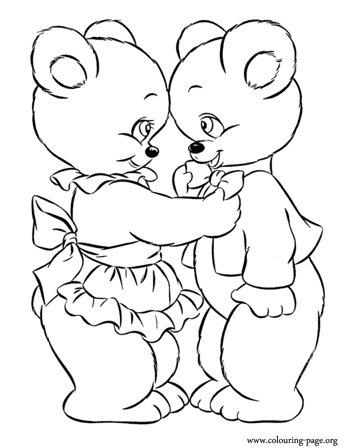 Couple of teddy bears in love coloring page