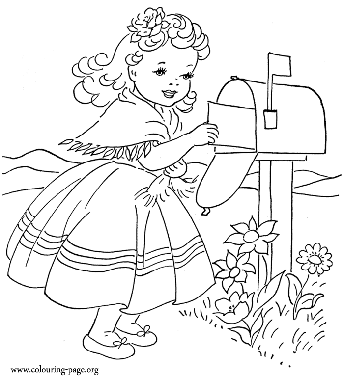 Cute little girl sending a love letter coloring page
