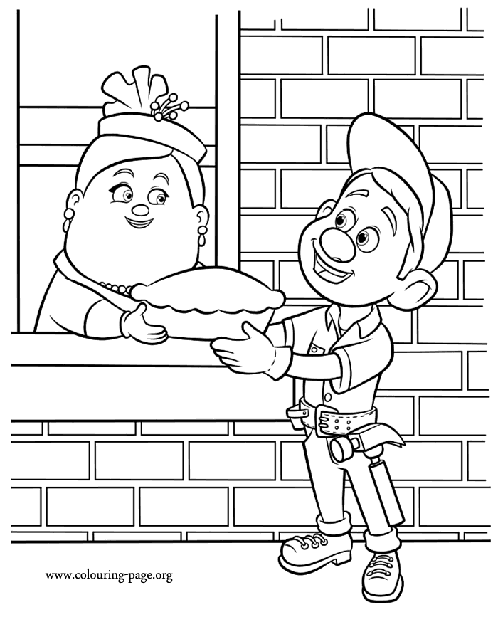 Fix-It Felix receiving a pie printable coloring page