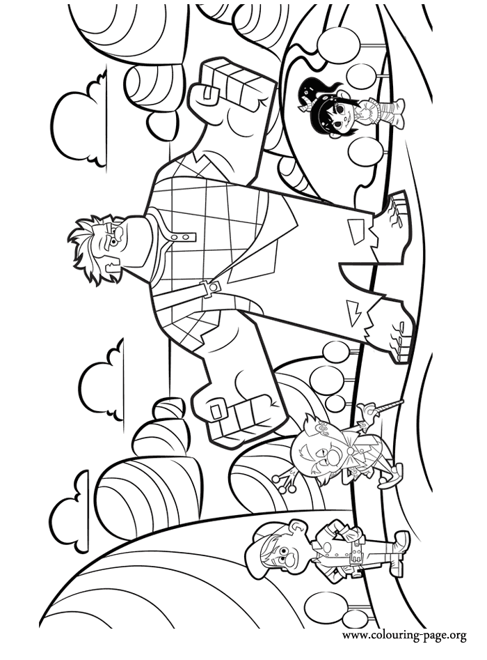 Fix-It Felix Jr, King Candy, Wreck-It Ralph and Vanellope coloring page
